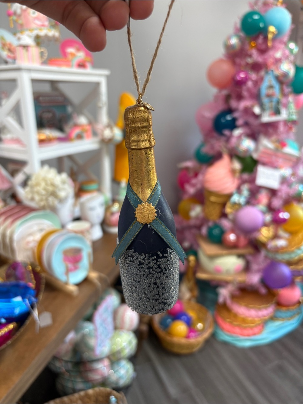 Holiday Sparkling Bottle Ornament in Gold and Navy - Glitterville